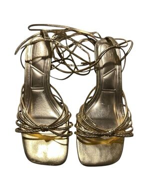 Gold Strappy tie-up Kitten Heel Sandals Size 38
